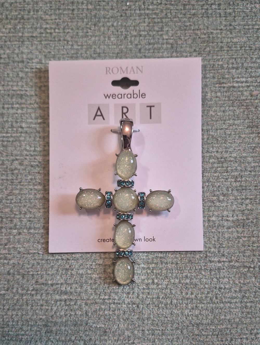 Roma White Druzy Cross Brooch with Light Blue Accents